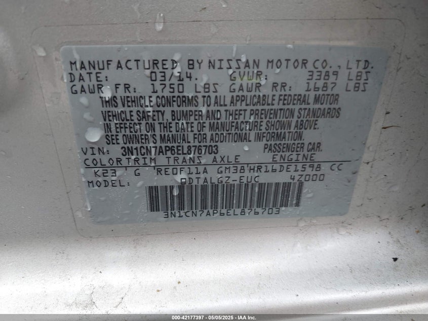 2014 NISSAN VERSA 1.6 SL - 3N1CN7AP6EL876703