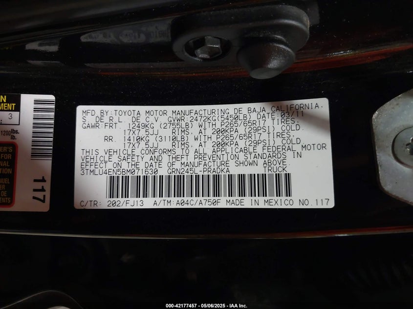 2011 TOYOTA TACOMA VIN: 3TMLU4EN5BM071630