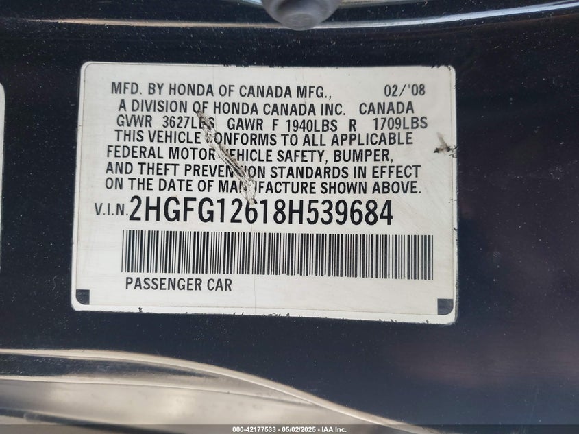 2008 HONDA CIVIC VIN: 2HGFG12618H539684