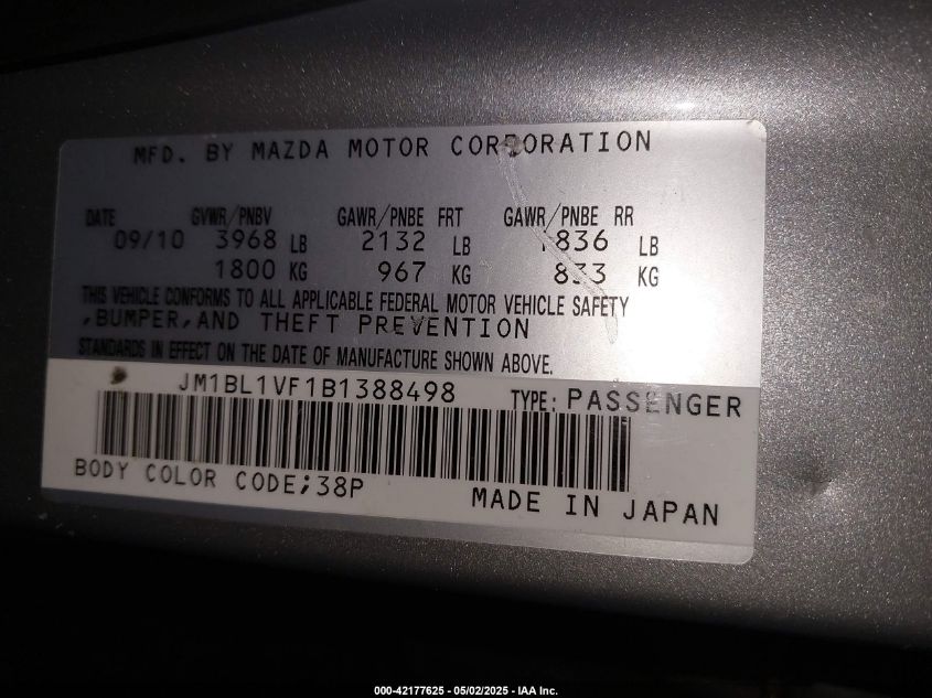 2011 Mazda Mazda3 I Touring VIN: JM1BL1VF1B1388498 Lot: 42177625