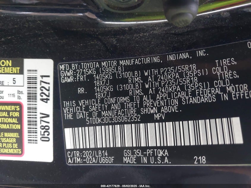 2013 TOYOTA SIENNA VIN: 5TDDK3DC3DS062352
