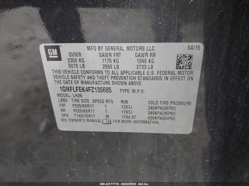 2015 CHEVROLET EQUINOX VIN: 1GNFLFEK4FZ135685