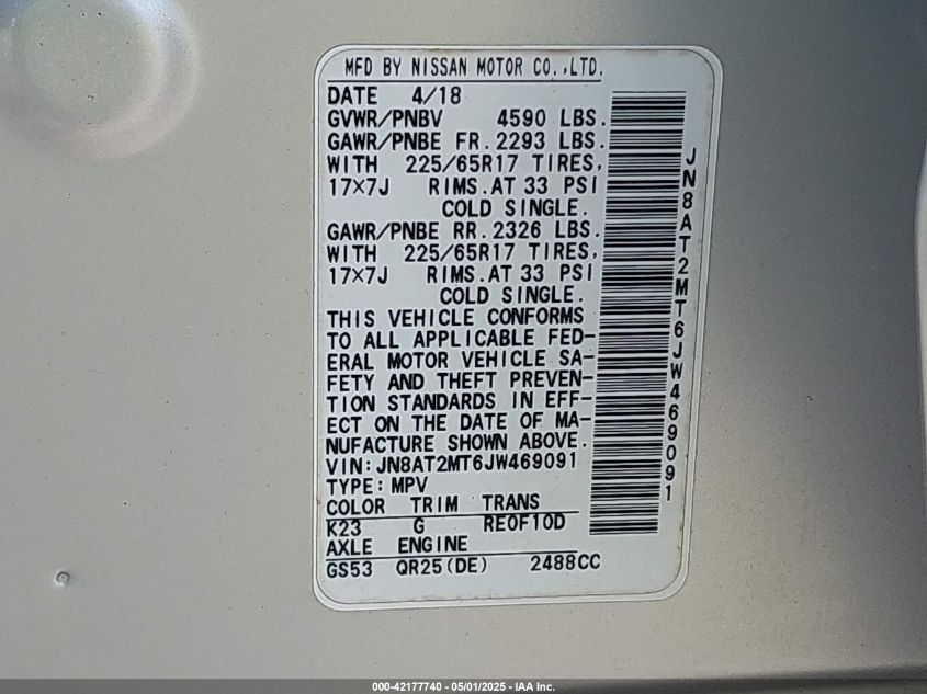 2018 Nissan Rogue Sv VIN: JN8AT2MT6JW469091 Lot: 42177740