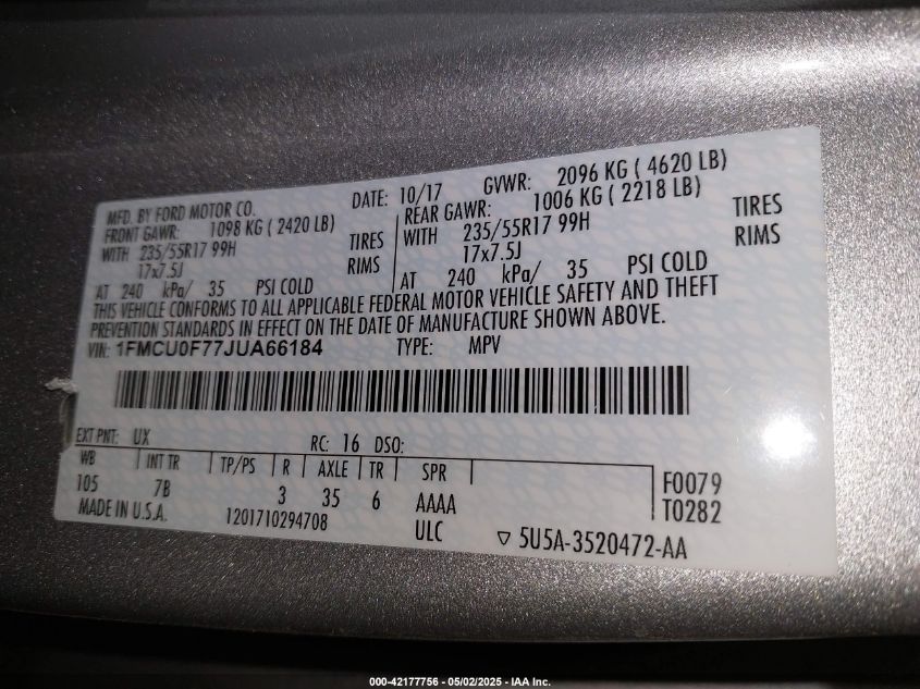 2018 Ford Escape S VIN: 1FMCU0F77JUA66184 Lot: 42177756