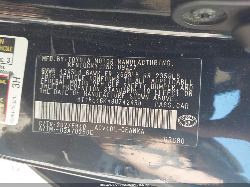 2008 TOYOTA CAMRY VIN: 4T1BE46K48U742458