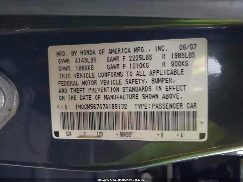 2007 HONDA ACCORD VIN: 1HGCM56747A189132