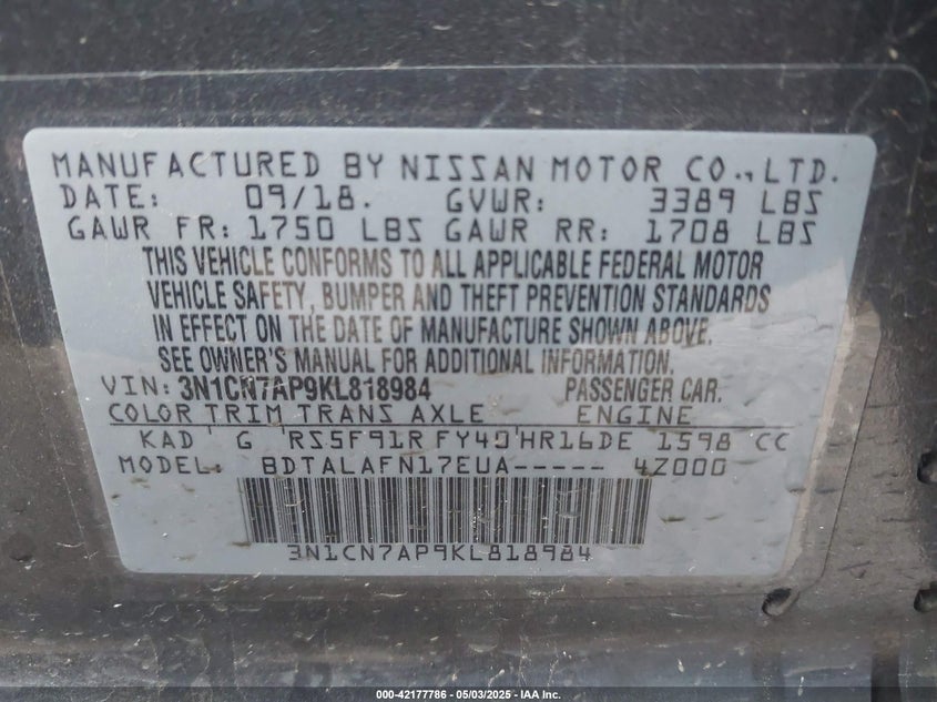 2019 NISSAN VERSA VIN: 3N1CN7AP9KL818984