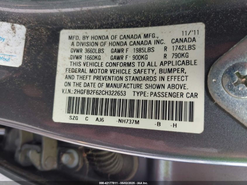 2012 Honda Civic Hf VIN: 2HGFB2F62CH322653 Lot: 42177811
