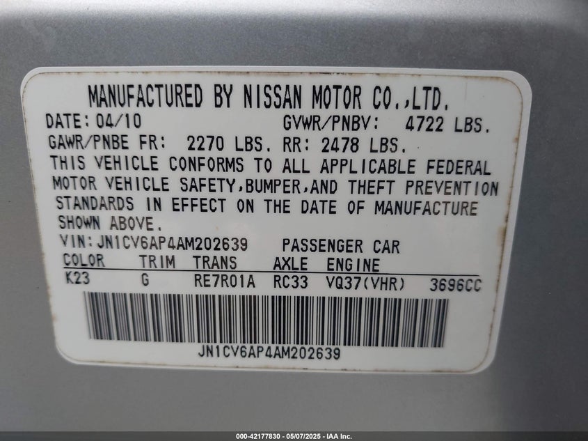 2010 INFINITI G37 VIN: JN1CV6AP4AM202639
