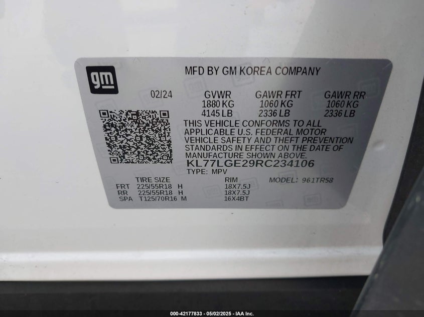 2024 CHEVROLET TRAX VIN: KL77LGE29RC234106