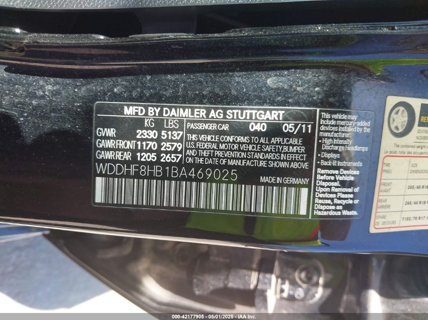 2011 Mercedes-Benz E 350 4Matic VIN: WDDHF8HB1BA469025 Lot: 42177905