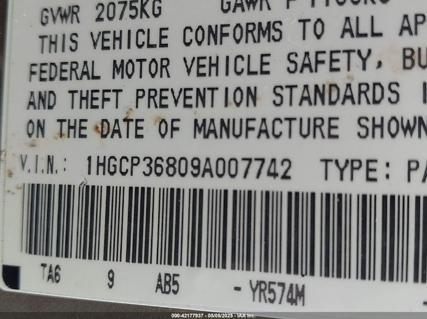 2009 Honda Accord 3.5 Ex-L VIN: 1HGCP36809A007742 Lot: 42177937