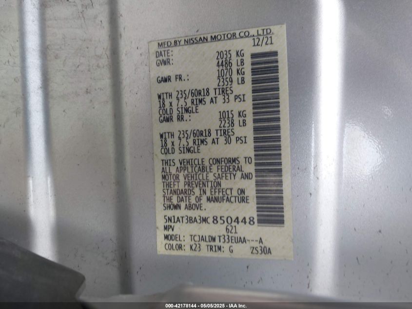2021 NISSAN ROGUE SV FWD - 5N1AT3BA3MC850448