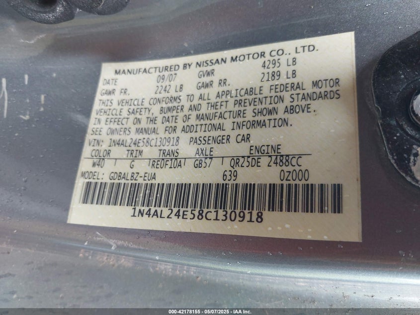 2008 NISSAN ALTIMA VIN: 1N4AL24E58C130918