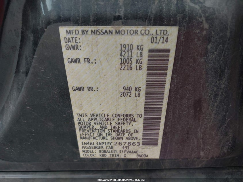2014 NISSAN ALTIMA VIN: 1N4AL3AP1EC267863