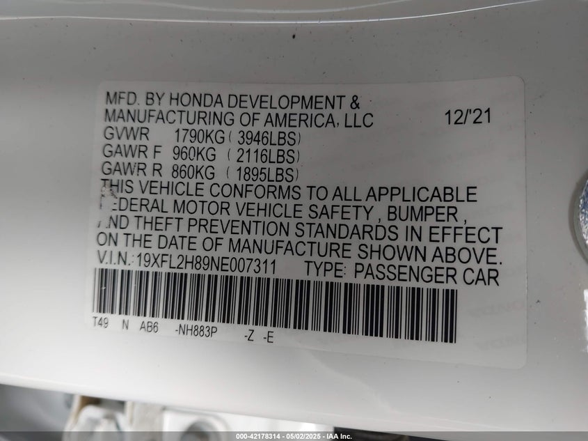 VIN 19XFL2H89NE007311 2022 HONDA CIVIC SPORT