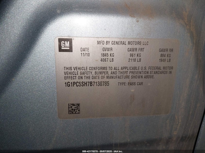 2011 CHEVROLET CRUZE VIN: 1G1PC5SH7B7130785