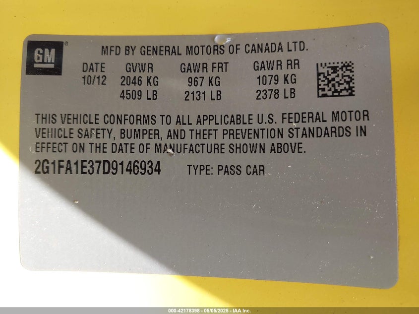 2013 CHEVROLET CAMARO VIN: 2G1FA1E37D9146934