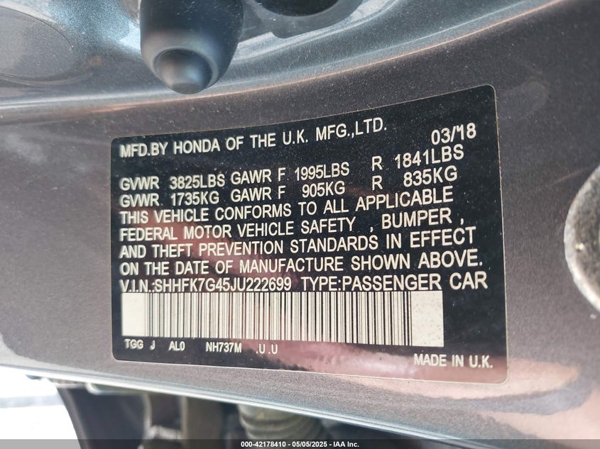 2018 HONDA CIVIC VIN: SHHFK7G45JU222699