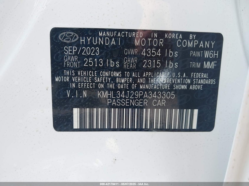 2023 HYUNDAI SONATA VIN: KMHL34J29PA343305