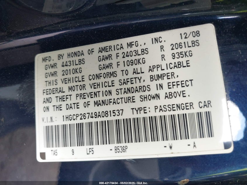 2009 HONDA ACCORD VIN: 1HGCP26749A081537