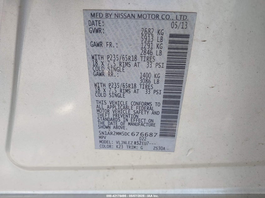 2013 NISSAN PATHFINDER S/SV/SL/PLATINUM - 5N1AR2MM5DC676687