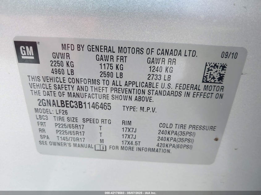 2011 CHEVROLET EQUINOX VIN: 2GNALBEC3B1146465