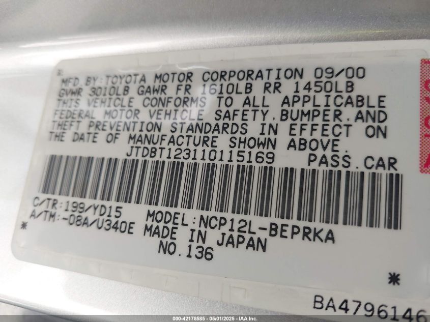 2001 Toyota Echo VIN: JTDBT123110115169 Lot: 42178585