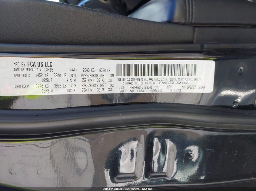 2015 DODGE DURANGO VIN: 1C4RDHAG3FC169541