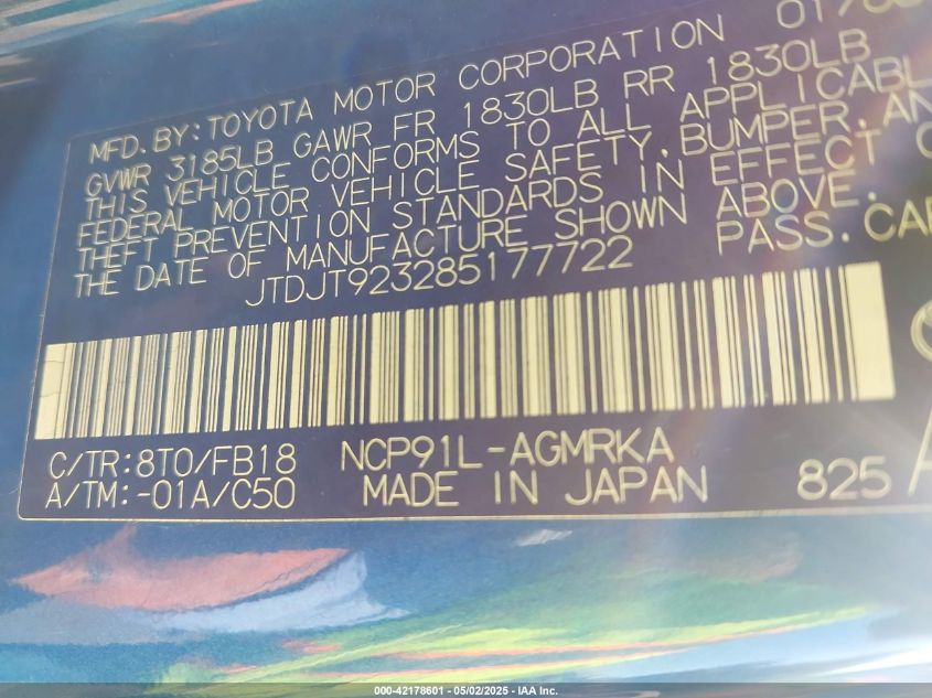 2008 Toyota Yaris VIN: JTDJT923285177722 Lot: 42178601