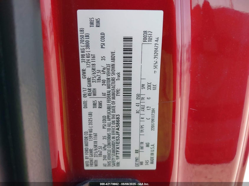 2018 FORD F-150 VIN: 1FTFX1E53JFA58683