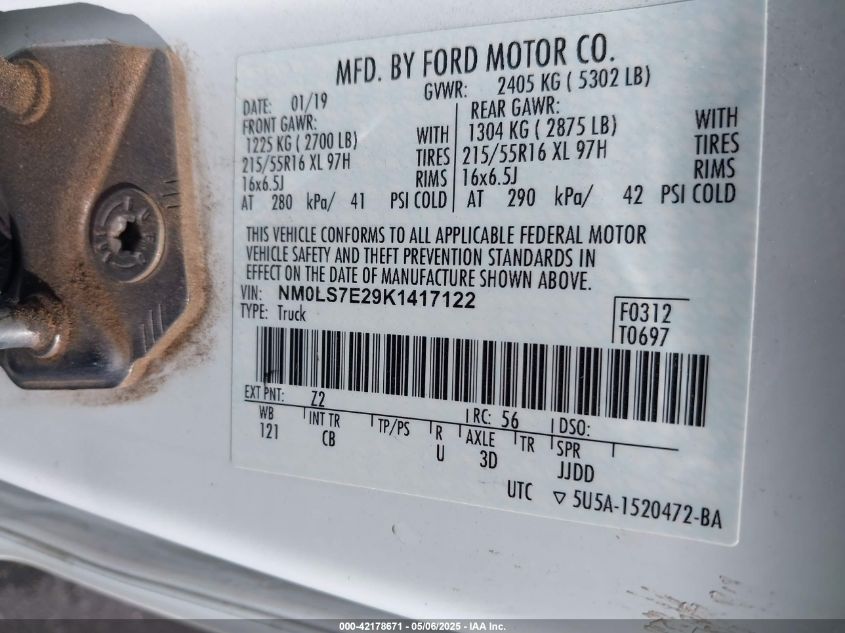 2019 Ford Transit Connect Xl VIN: NM0LS7E29K1417122 Lot: 42178671