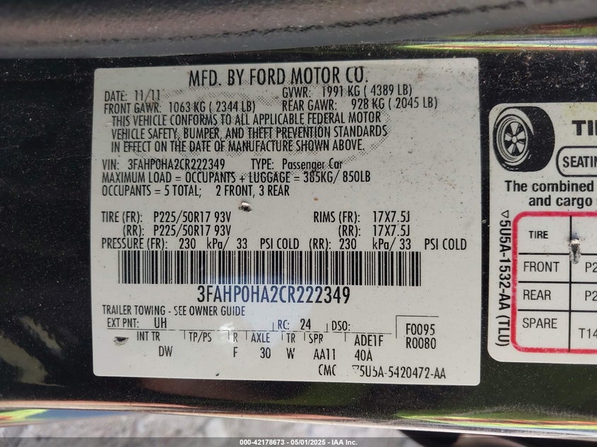 2012 FORD FUSION VIN: 3FAHP0HA2CR222349