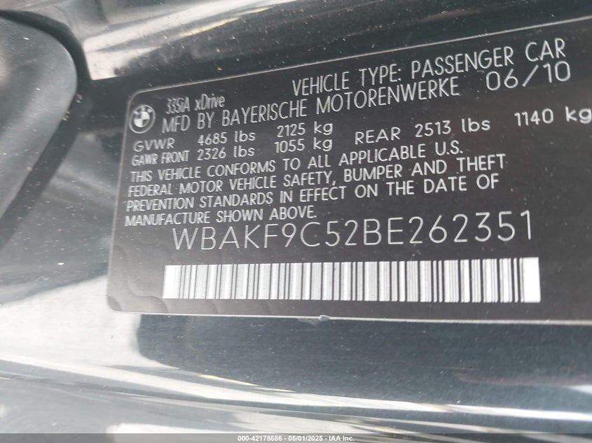 2011 BMW 335I VIN: WBAKF9C52BE262351