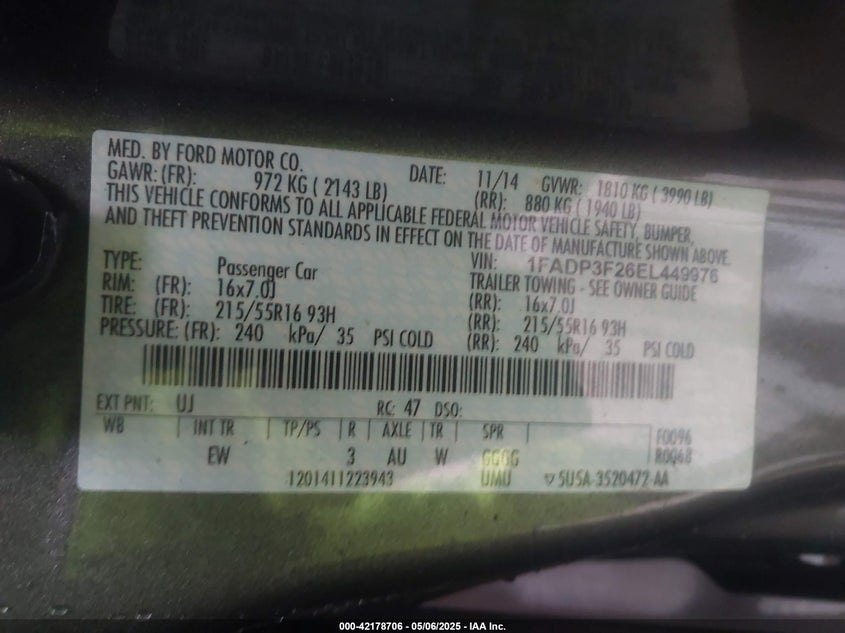 2014 FORD FOCUS VIN: 1FADP3F26EL449976