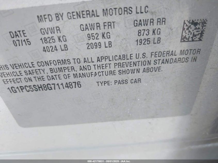 2016 CHEVROLET CRUZE LIMITED VIN: 1G1PC5SH8G7114876