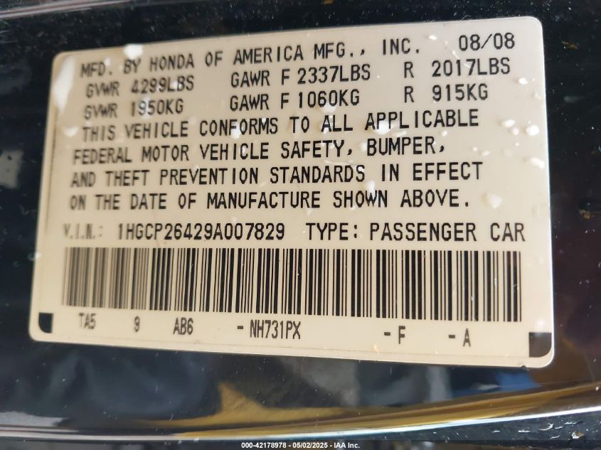 2009 Honda Accord 2.4 Lx-P VIN: 1HGCP26429A007829 Lot: 42178978