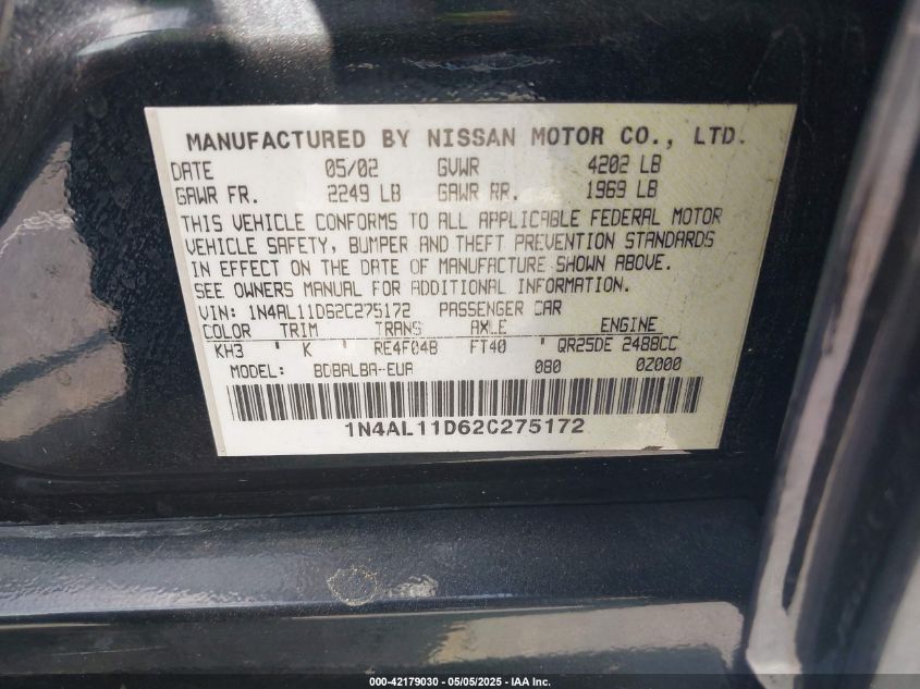 2002 Nissan Altima 2.5 S VIN: 1N4AL11D62C275172 Lot: 42179030