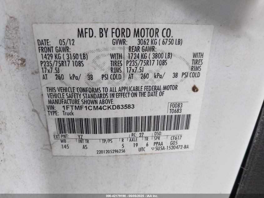 2012 Ford F-150 Xl VIN: 1FTMF1CM4CKD83583 Lot: 42179198