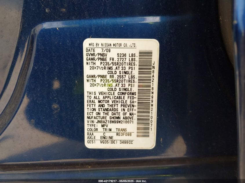 2009 Nissan Murano Le VIN: JN8AZ18W99W210071 Lot: 42179217