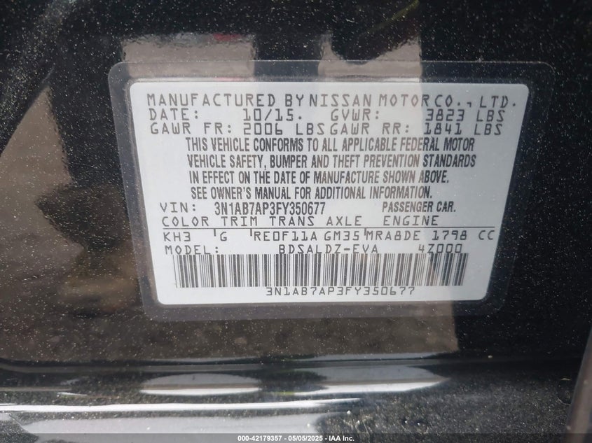 2015 Nissan Sentra Sv VIN: 3N1AB7AP3FY350677 Lot: 42179357