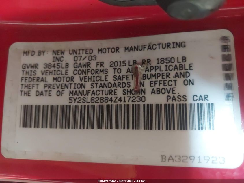2004 Pontiac Vibe VIN: 5Y2SL62884Z417230 Lot: 42179441
