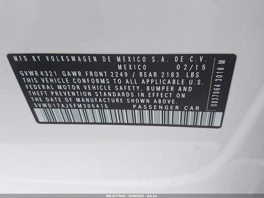 2015 VOLKSWAGEN JETTA VIN: 3VWD17AJ5FM305415