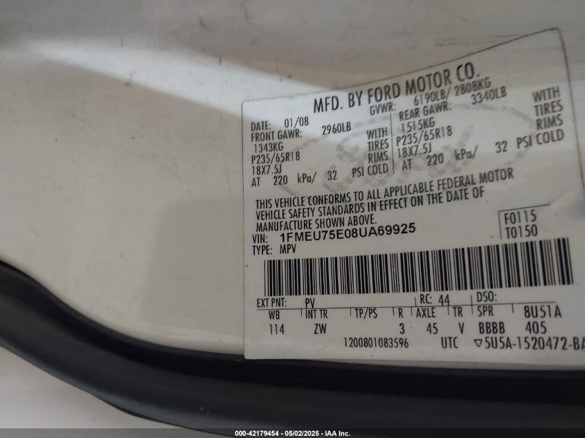 2008 Ford Explorer Limited VIN: 1FMEU75E08UA69925 Lot: 42179454
