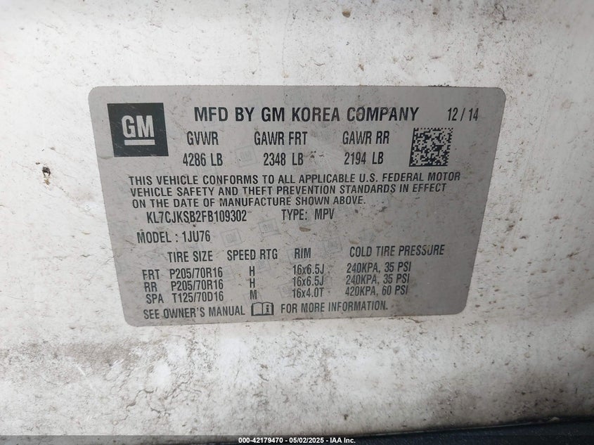2015 CHEVROLET TRAX VIN: KL7CJKSB2FB109302