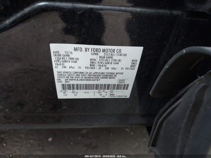 2017 FORD EDGE VIN: 2FMPK4J90HBB34767