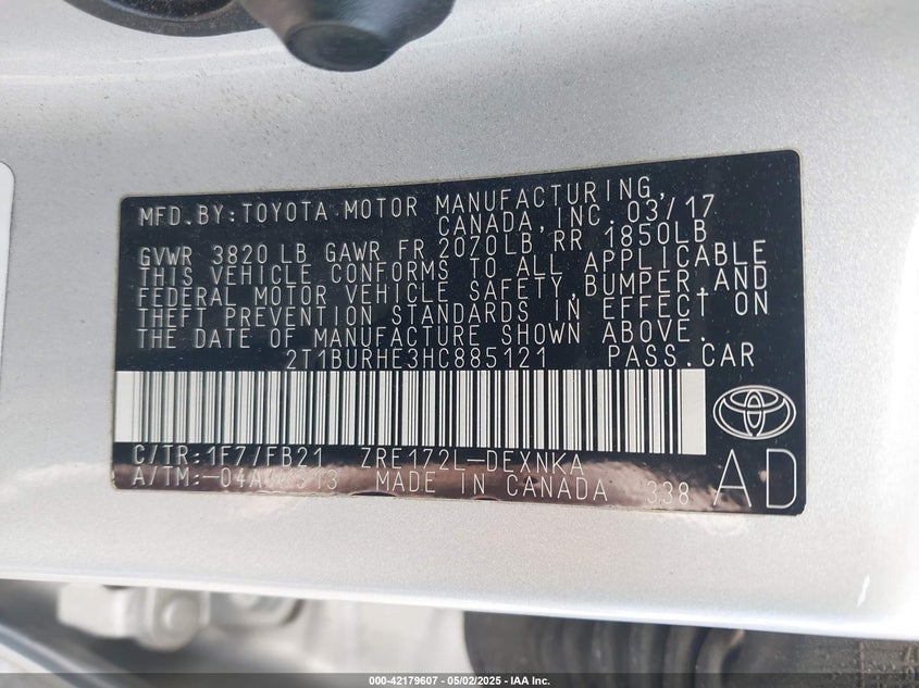 2017 TOYOTA COROLLA VIN: 2T1BURHE3HC885121