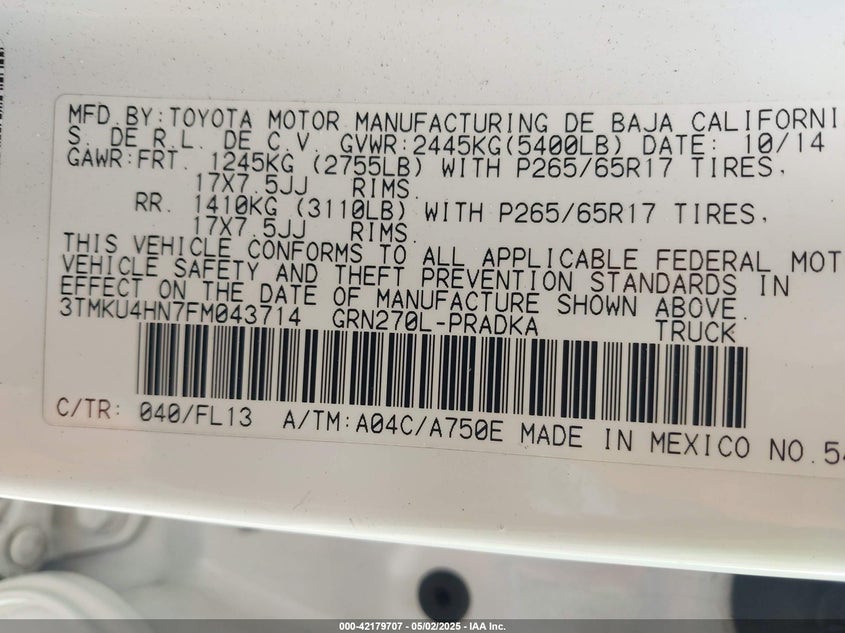 2015 TOYOTA TACOMA VIN: 3TMKU4HN7FM043714
