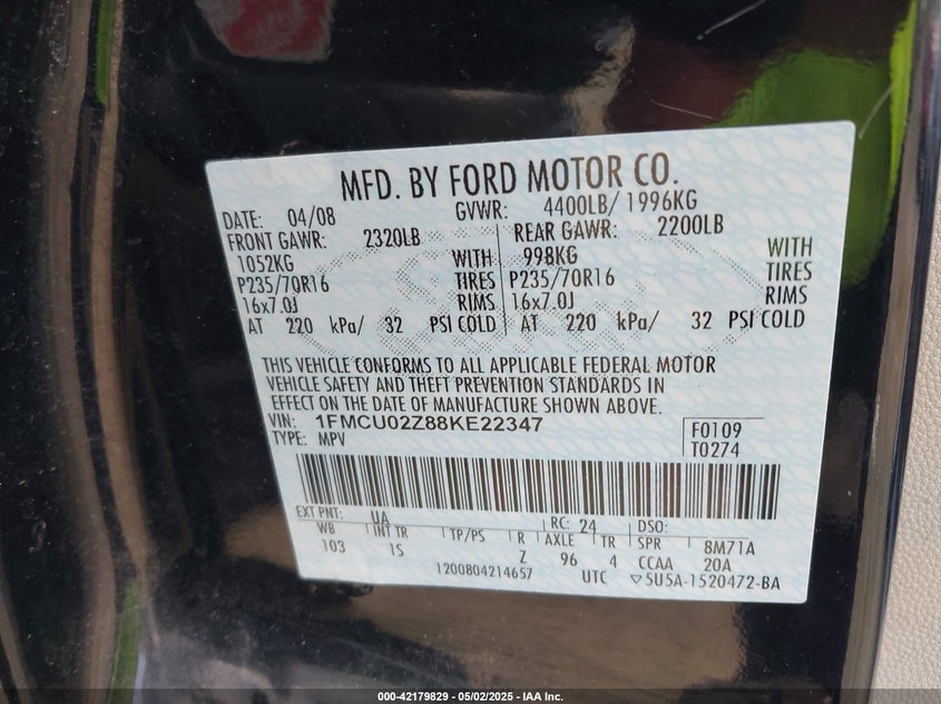 2008 FORD ESCAPE VIN: 1FMCU02Z88KE22347
