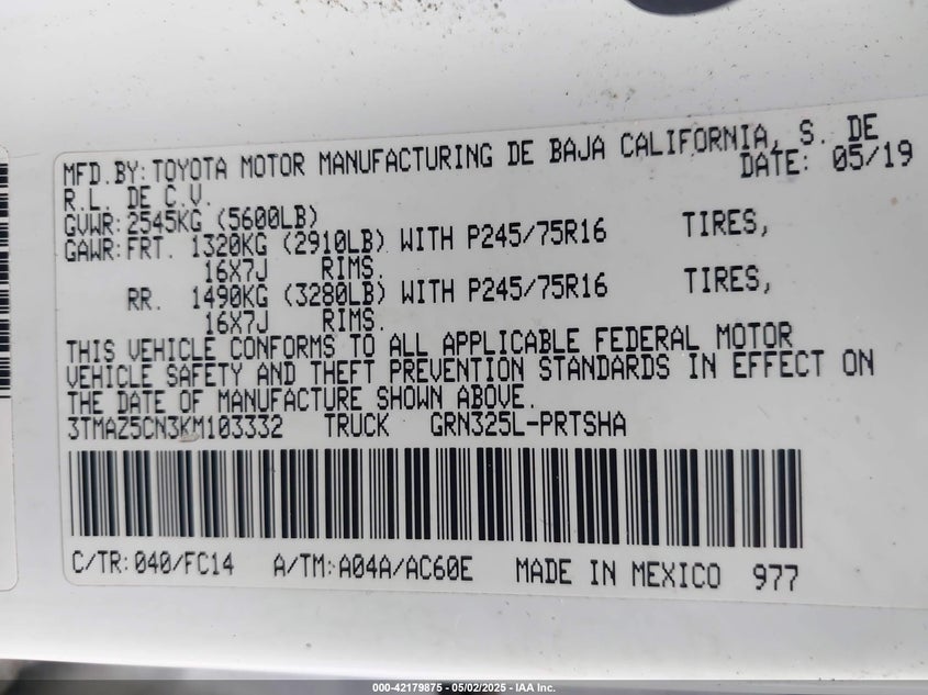 2019 TOYOTA TACOMA SR5 V6 - 3TMAZ5CN3KM103332